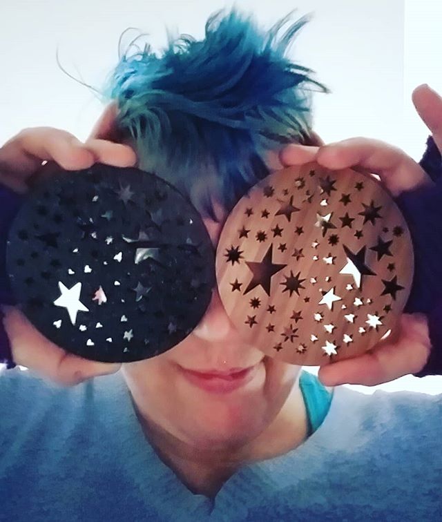It’s good to be starry-eyed, yes? Won’t be ready in time for Geekgirlcon but I can take pre-orders for sets in birch and should have plenty for @geekcraftexpo in November. (How is it almost November??!?) Left is painted MDF, right is walnut. Edit: probably should have mentioned that they’re coasters ?